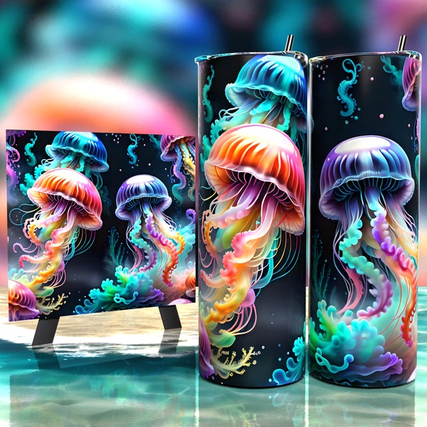 Neon Drifters: The Jellyfish Ballet - Tumbler Wrap 20oz - Sublimation Design - HD PNG Digital Art - Print Ready - Ocean Sea Creatures