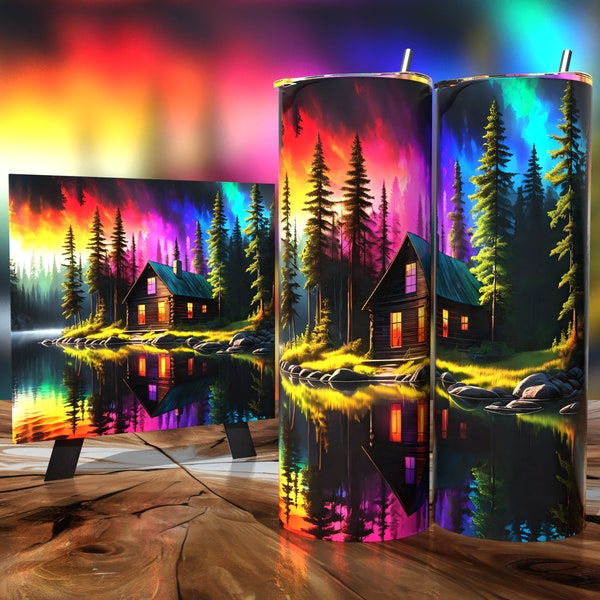 Cabin Twilight Tranquility: Lakeside Luminescent - Tumbler Wrap 20 Unzen - Sublimationsdesign - HD PNG Digital Art
