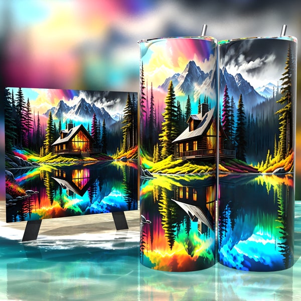 Neon Wilderness: Die farbenfrohe Umarmung einer Kabine - Tumbler Wrap 20oz - Sublimationsdesign - HD PNG Digital Art