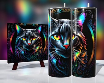 Regal Holographic Cat Portrait - Tumbler Wrap 20oz - Sublimation Design - HD PNG Digital Art