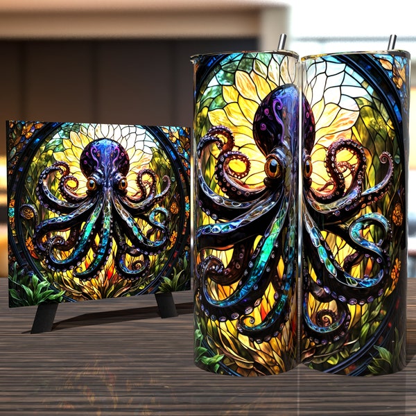 Majestic Stained Glass Octopus - Tumbler Wrap 20oz - Sublimation Design - HD PNG Digital Art