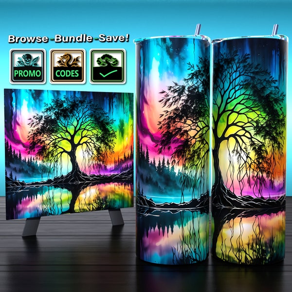 Aurora Roots: Twilight Reflections - Northern Lights Tree of Life Tumbler Wrap 20oz - Sublimation Design - HD PNG Digital Art - Print Ready!