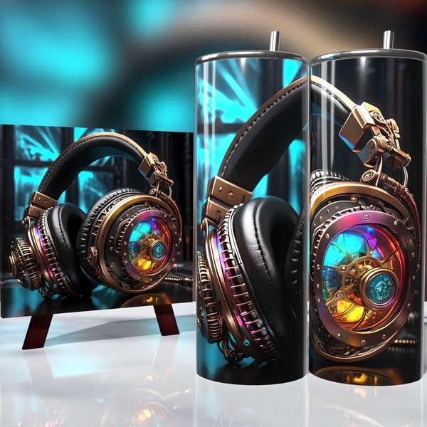 Steam Punk Gaming Headphones - Tumbler Wrap 20oz - Sublimation Design - HD PNG Digital Art