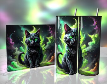 Stunning Black Cat - Tumbler Wrap 20oz - Sublimation Design - HD PNG Digital Art