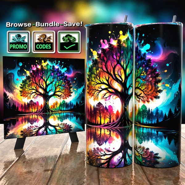 Starlight Sapling: Visions in the Water - Tree of Life Tumbler Wrap 20oz - Sublimation Design - HD PNG Digital Art - Aurora Tree Print Ready