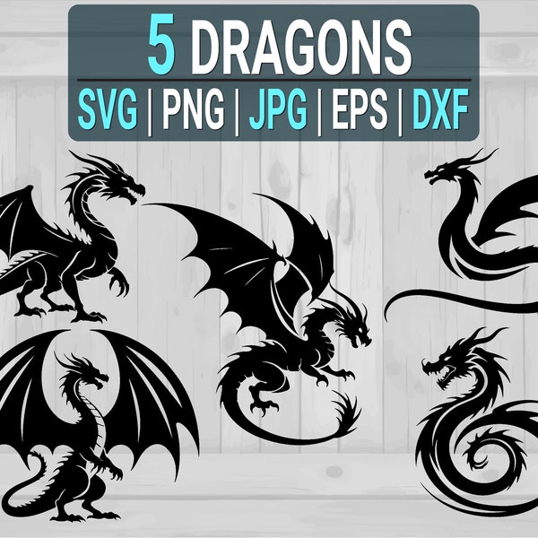 5 SVG Bundle | Transparent PNGS | DXF | Dragon Designs | Clipart | Sublimation Designs | Digital Downloadable Prints | Vector Files