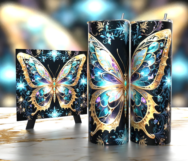 Steampunk Intricate Butterfly Tumbler Wrap 20oz Sublimation Design HD PNG Digital Art image 1