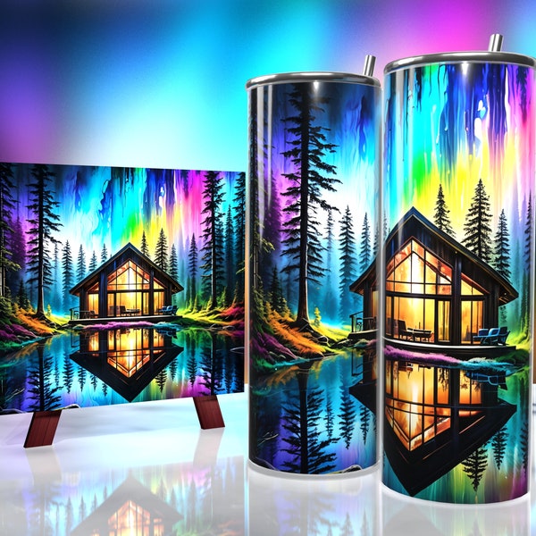 Breathtaking Water Color Landscape With Cabin - Tumbler Wrap 20oz - Sublimation Design - HD PNG Digital Art