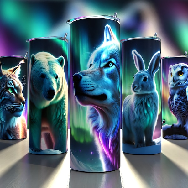 Lot de 5 - Aurora Borealis Animals : Polar Spectrum - Tumbler Wraps 20 oz - Sublimation Designs - Art numérique PNG HD - Téléchargement numérique