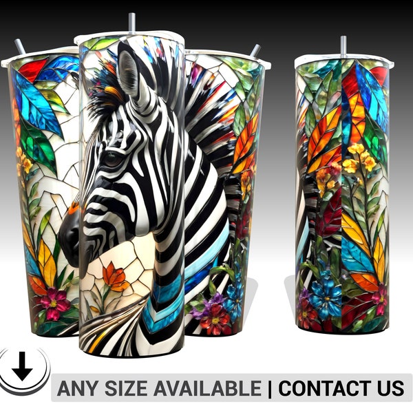 HD PNG | 'Glass Safari: Zebra Zen' | Mosaic Stained Glass 20oz Tumbler Sublimation Wrap Design | Any Size Available | Message Us!