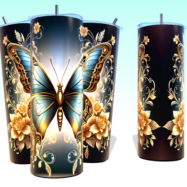HD PNG | 'Filigree Flight: Cobalt Charm' | Shiny Gold Butterfly | Sublimation Design | 20oz Tumbler | Any Size Available | Message Us!