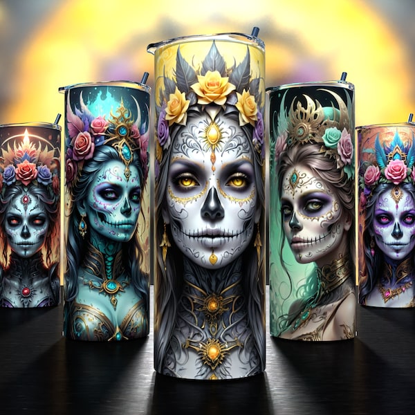 5-Pack Bundle - Quiet Queens: Whispering Legacy - Sugar Skull Tumbler Wraps - Sublimation Designs - HD PNG Digital Art - Dia De Los Muertos