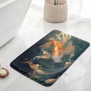 Koi Fish Bath Mat, Aesthetic Japanese Koi Anti-Slip Memory Foam Bathroom Rug, Plush Zen Home Spa Decor, Cool Housewarming Gift