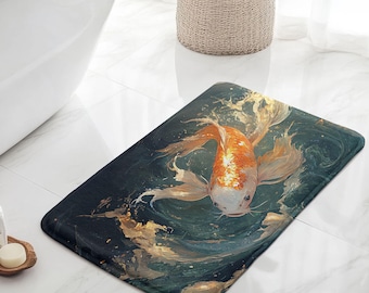 Koi Fish Bath Mat, Aesthetic Japanese Koi Anti-Slip Memory Foam Bathroom Rug, Plush Zen Home Spa Decor, Cool Housewarming Gift