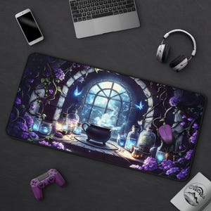 Enchanted Brew - Cute Witchy Desk Mat, Floral Fantasy Potions Mousepad, Large Gaming Mat, Witchcore Office Decor, Alchemy & Cauldron Art
