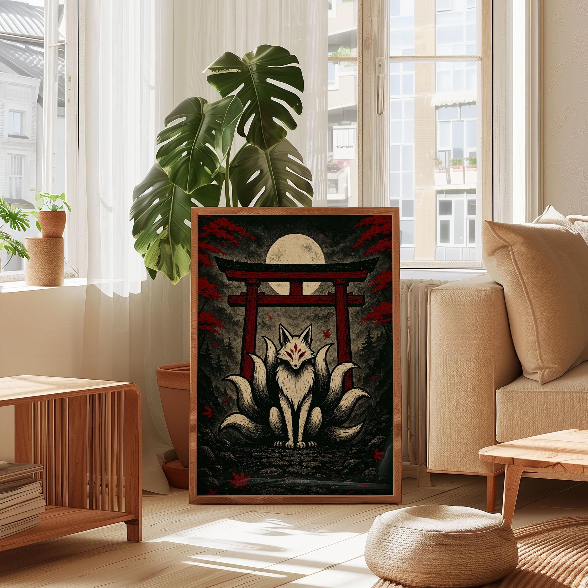 Japanese Fox Spirit Wall Art Print, Nine-tailed White Fox Print