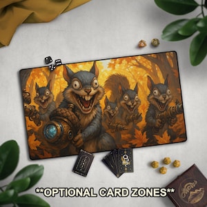 Psycho Squirrels With Acorn Blasters TCG Playmat, Crazy Squirrels & Guns Play Mat With EDH Card Zones, Funny Squirrel Deck Gift