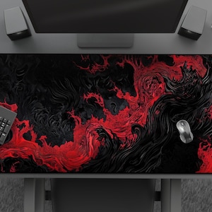 Desk Mat: Gothic Flame - Cool Red & Black Mousepad, Abstract Fire, Large Gaming Mat, Gift For Gamer, Minimalist Decor, Abstract Darkness
