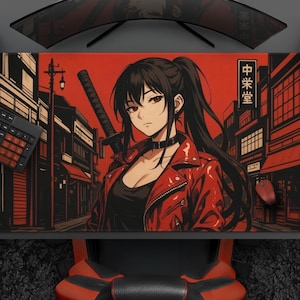 Cool Katana Girl In Red Mousepad, Urban Anime Girl Desk Mat With Stylized Japanese Alley, Large Gaming Mat, Waifu Mouse Pad For Gamers