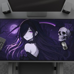 Gothic Anime Scythe Girl Mousepad, Purple Aesthetic Waifu Desk Mat, Large Extended Gaming Mat, Elegant Goth Girl Art Under Full Moon