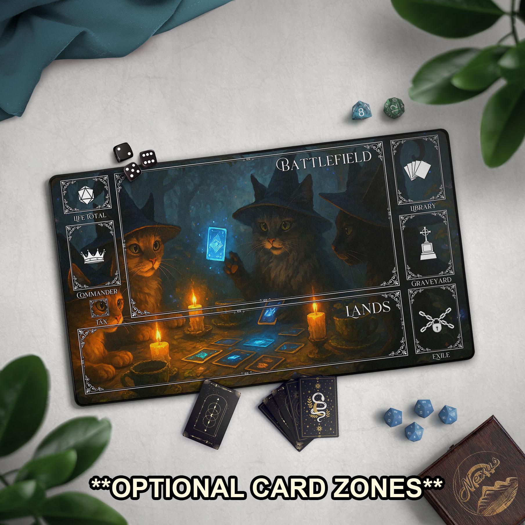 Witchy Cats TCG Playmat, Cats Playing Cards Mat With EDH Zones