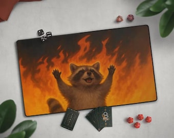 Funny Raccoon & Fire TCG Playmat, Funny Animal Art Mat For MTG With Card Zones, Extended Playmat,    Silly TCG Gag Gift, Chaotic Raccoon Art