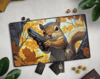 Funny Squirrel With Gun TCG Playmat, Psycho Squirrel Mat With EDH