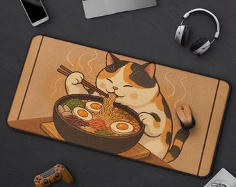 Cute Fat Cat Eating Ramen Mousepad, Anime Lo-Fi Style Cat With Noodles Desk Mat, Large Gaming Mat For Office, Calico Lover Gift For Gamer