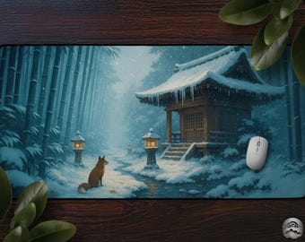 Winter Shrine & Fox Mousepad, Zen Japanese Nature Desk Mat, Snowy Bamboo Forest Art, Large Mat For Gaming And Office, Anime Style Landscape