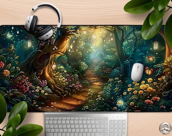 Enchanted Floral Woodland Desk Mat, Mystic Forest Night Mousepad,  Fantasy Landscape, Cottagecore Decor, Large Gaming Mat, Desk Accessories