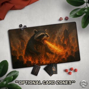 Giant Fire Breathing Raccoon TCG PlayMat With EDH Zones, Funny Animal Causing Chaos, Raccoon Lover Gag Gift, Giant Trash Panda Justice