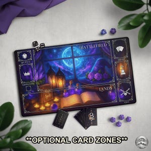 TCG Playmat: Witchy Fantasy Workshop, Cute Purple Celestial Game Mat With EDH Card Zones, Potions & Books, Dreamy Night Sky And Full Moon
