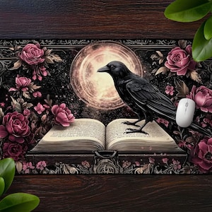 Witchy Dark Academia Mousepad, Witchy Fantasy Raven Desk Mat, Gothic Floral Books Tomes & Flowers, Botanical Large Gaming Mat, Office Decor