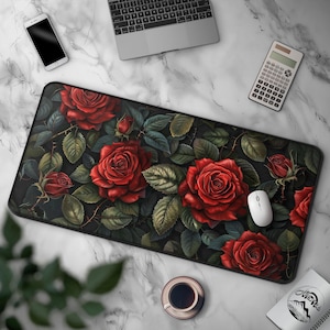 Vintage Aesthetic Red Rose Mousepad, Dark Botanical Rose Desk Mat, Flower & Foliage Art, Large Gaming Mat,  Nature-Inspired Office Decor
