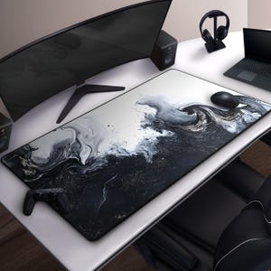 Cool Black & White Mousepad, Abstract Ink Splash Desk Mat, Large Gaming Mat, Modern Office Decor, Minimalist Design, Contemporary Art