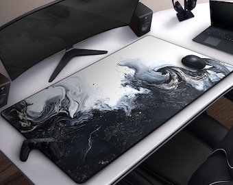 Cool Black & White Mousepad, Abstract Ink Splash Desk Mat, Large Gaming Mat, Modern Office Decor, Minimalist Design, Contemporary Art