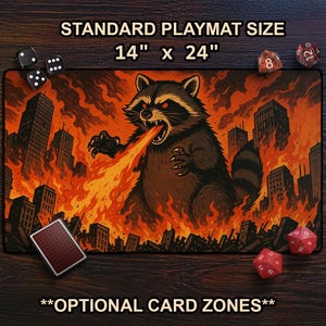 Giant Fire Breathing Raccoon TCG Playmat With Zones For MTG, Funny Animal Causing Chaos, Comic Style Trash Panda, Raccoon Lover Gag Gift