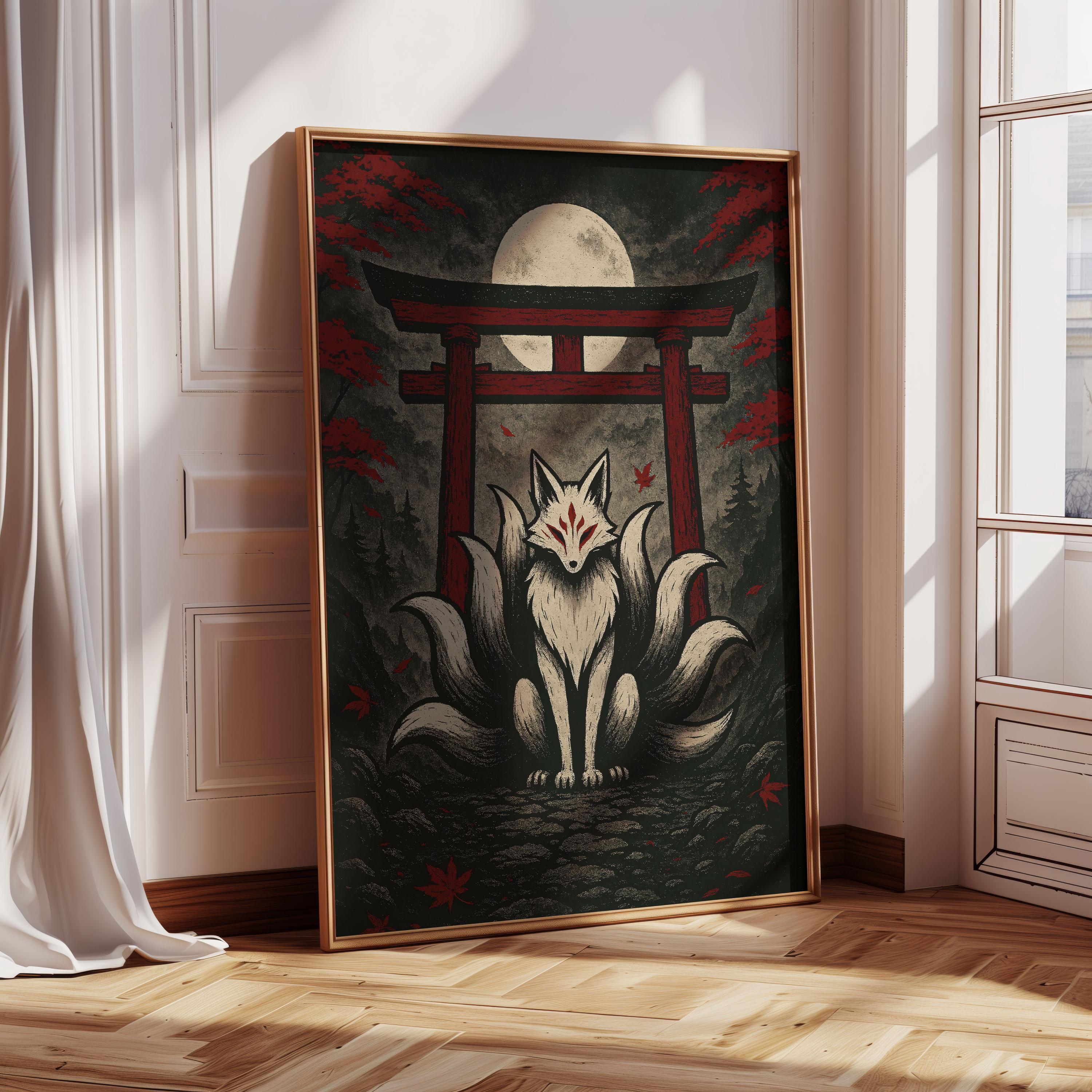 Japanese Fox Spirit Wall Art Print, Nine-tailed White Fox Print