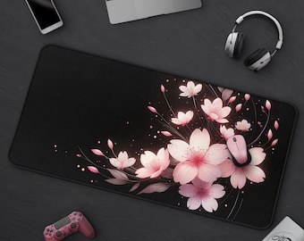 Floral Cherry Blossom Mousepad, Cute Pink & Black Sakura Desk Mat, Large Gaming Mat, Japanese Office Decor, Minimalist Mouse Pad