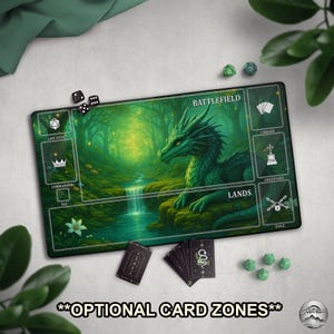 TCG Playmat: Fantasy Forest Dragon Mat With EDH Card Zones, Green Aesthetic Enchanted Woodland, Extended Play Mat, Mystic Forest Mat