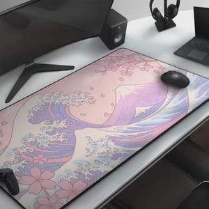Kawaii Cherry Blossom Great Wave Mousepad, Cute Pastel Pink & Blue Sakura Desk Mat, Large Anime Mat For Gaming And Office Bild 6