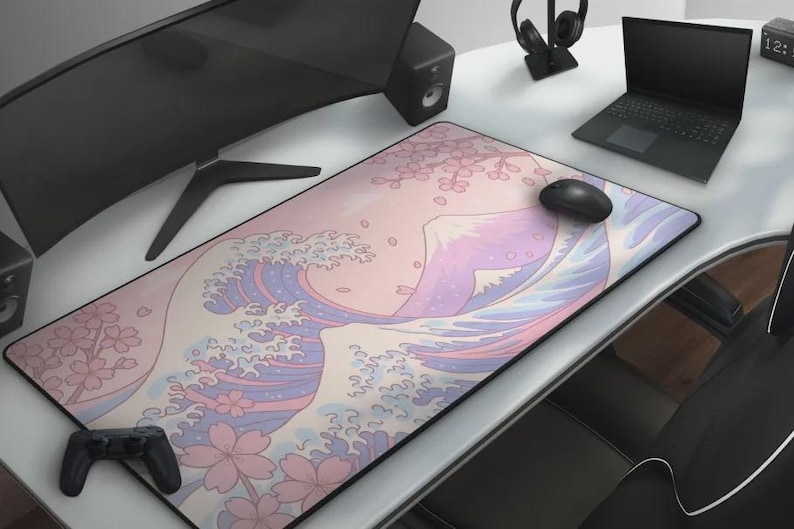 Kawaii Cherry Blossom Great Wave Mousepad, Cute Pastel Pink & Blue Sakura Desk Mat, Large Anime Mat For Gaming And Office Bild 6