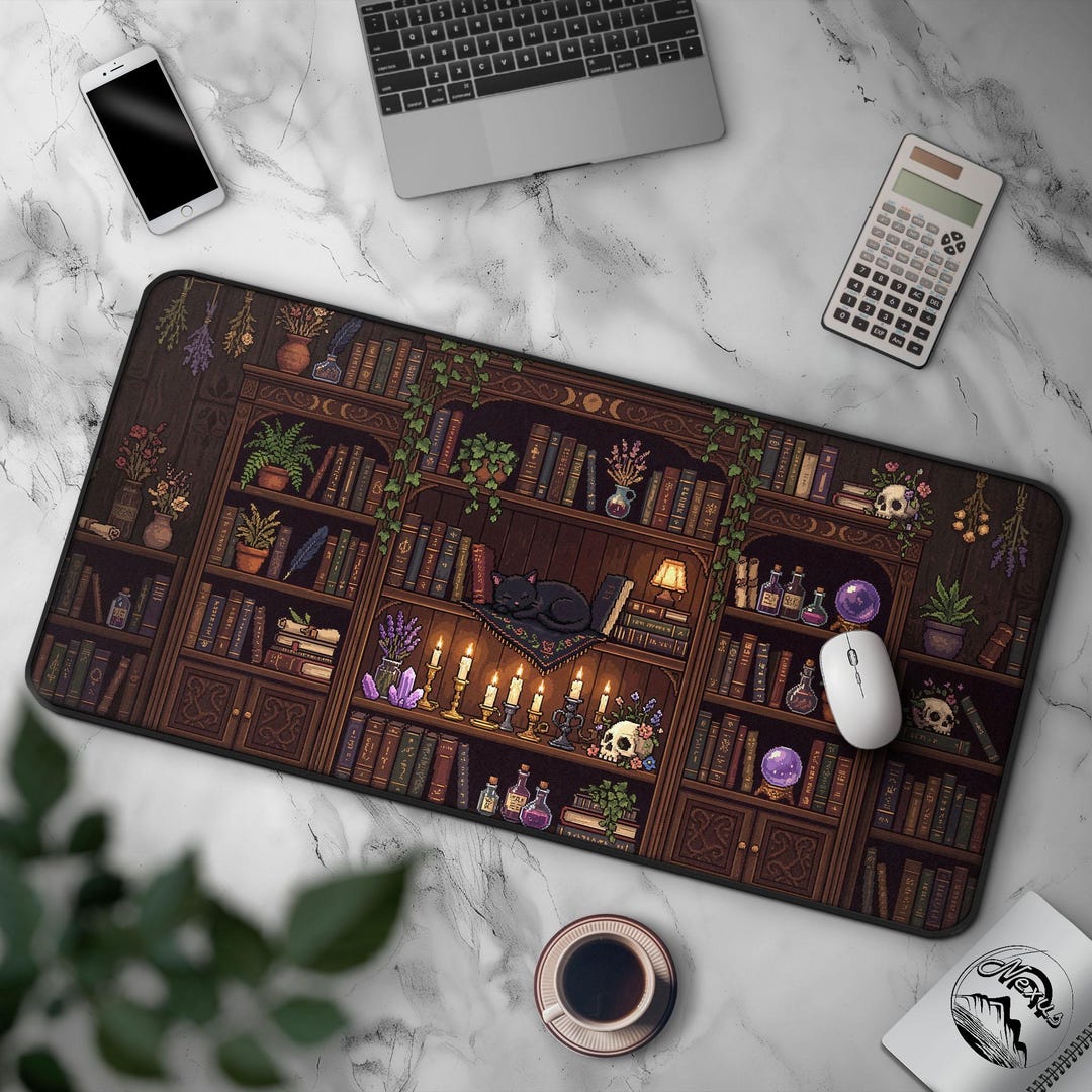 Pixel Art Bookshelf & Cat Desk Mat, Cute Books and Plants Mousepad ...