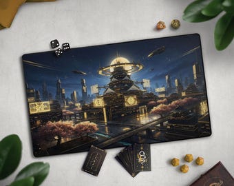 Cyber Japan TCG Playmat, Futuristic Dynasty Mat With EDH Card Zones, Cyberpunk Fantasy Play Mat, Large Extended Game Mat, Sci-Fi City