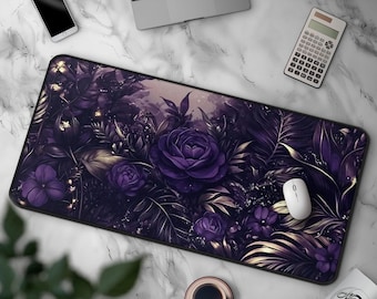 Elegant Purple & Gold Rose Mousepad, Dark Moody Floral Desk Mat, Large Gaming Mat, Botanical Office Decor, Gothic Flower Design, Nature Art