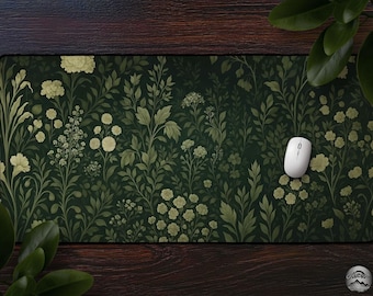 Vintage Style Green Floral Nature Mouse Pad,  Botanical Desk Mat, Cottagecore Office Decor, Leafy Flower Art For Plant Lovers, Large Mat