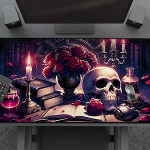Gothic Arcane Mousepad, Dark Academia Desk Mat, Skull, Red Roses, Books, Potions, Candles, Large Dark Anime Mouse Pad, Desk Accessories