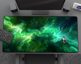 Cool Cosmic Space Mousepad, Green Nebula Desk Mat, Abstract Galaxy, Sci-Fi Cloud Rift, Large Gaming Mat, Office Desk Accessories & Decor
