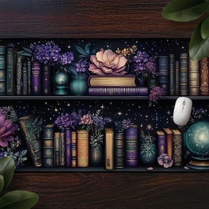 Witchy Purple Bookshelf Desk Mat, Celestial Floral Books & Magic, Fantasy Witchcraft, Large Gaming Desk Mat, Office Decor, Crystal Globe