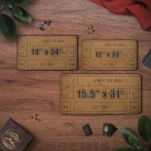 May include: Three brown cardboard game mats with black outlines and text, including "Character Area" and measurements of 14" x 24", 12" x 22", and 15.5" x 31". Dice, cards, and a wooden box are scattered around the mats on a wooden surface.